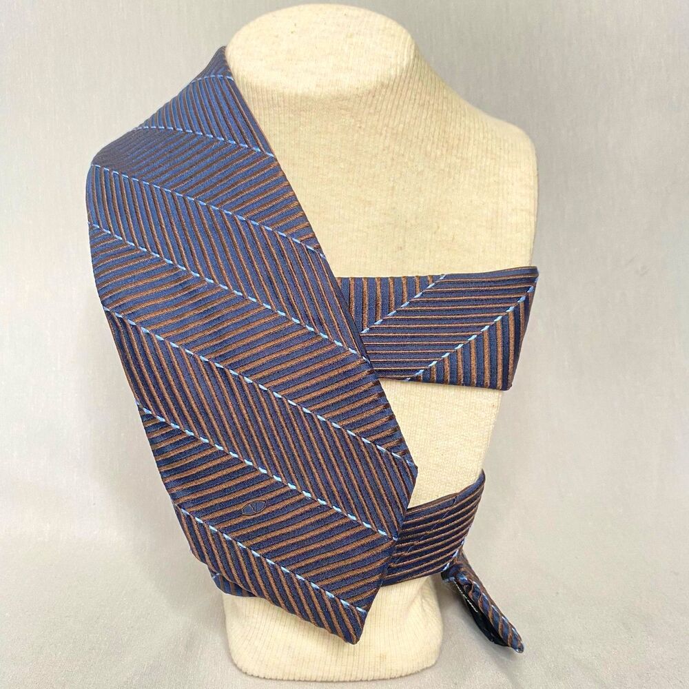 💎Valentino Italy Mens Neck Tie Brown Blue Ribbed Perpendicular Parallel Lines